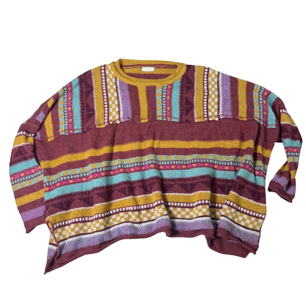 Easel Los Angeles Womens Oversized Geometric Knit Wool Blend Sweater Burgundy L‎